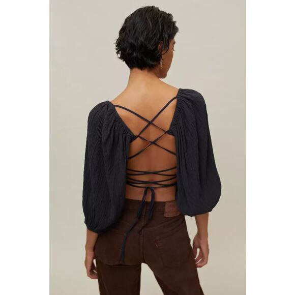 Urban Outfitters Vida Lace Up Smocked Top Ruffle Balloon Sleeve Backless Blouse - Picture 4 of 11